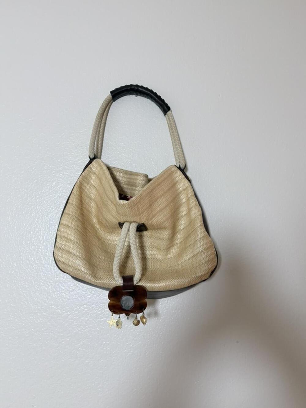 Via Spiga Straw Hobo Bag  Leather Trim Nautical Rope Drawstring